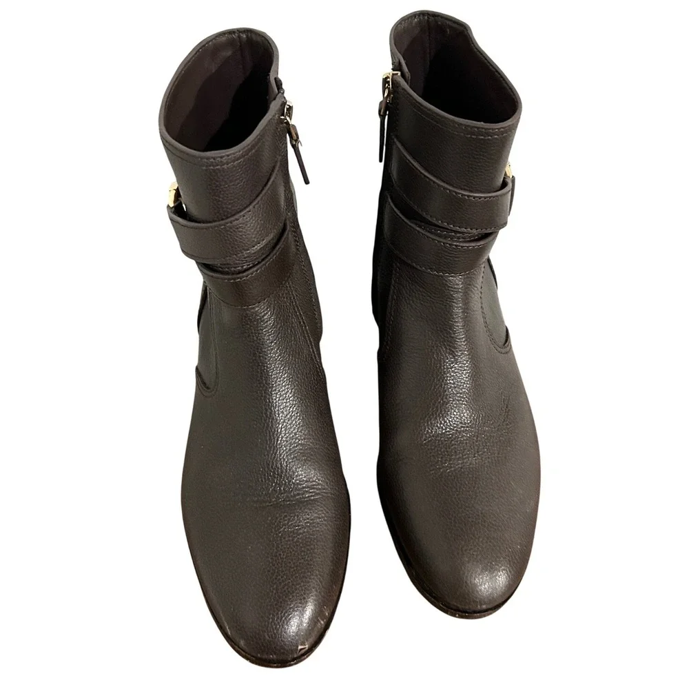 Tory Burch Gemini Gold Link Brown Leather Ankle Boots 8.5 Old Money Quiet Luxury
